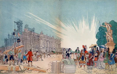 A versailles-i kastély építése 1678-ban Jules Hardouin Mansart tervei alapján, az előtérben XIV. Lajos francia király - Sylvain Sauvage (1888-1948) illusztrációja a Th.